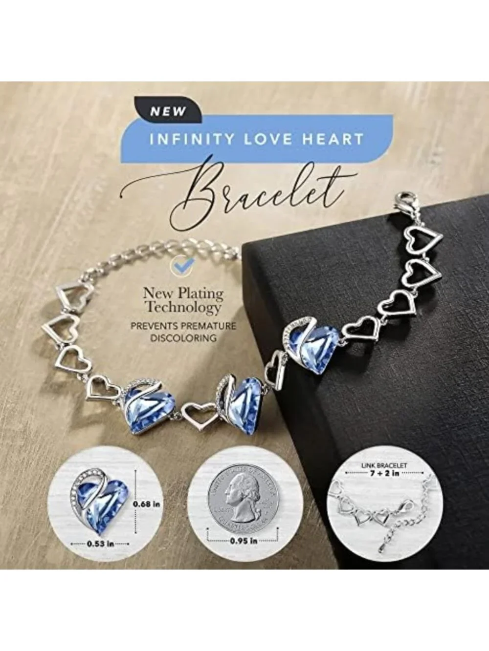 Infinity Love Heart Bracelet for Women - Birthstone Healing Crystal Jewelry, 7in